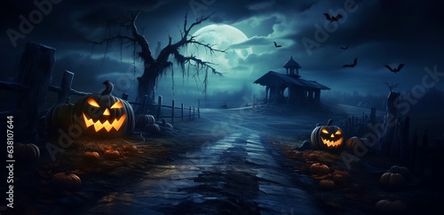 Halloween pumpkins in night wood, generative ai © inspiretta