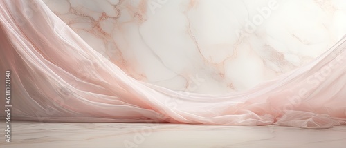 A pristine white marble surface with cascading silk in a soft blush pink, pooling elegantly at its base with subtle pearl adornments scattered. Abstract alcohol ink background. Generative AI. 