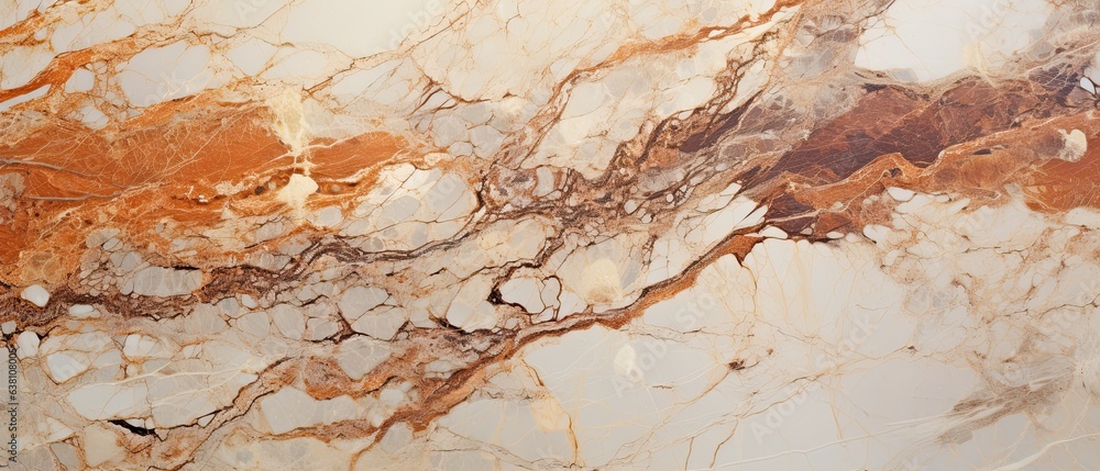 Cream marble infused with copper streaks, paired with rust-colored silk meticulously arranged in abstract, billowing patterns. Stunning event background. Generative AI. 