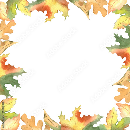 Autumn frame with golden autumn leaves watercolor background. Botanical illustration. isolated on white. For Thanksgiving  harvest day  autumn farm fair  halloween.