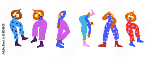 Vector set with dancing disco people wearing colorful clothes  80s vintage style characters. Retro party people set. Vector illustration