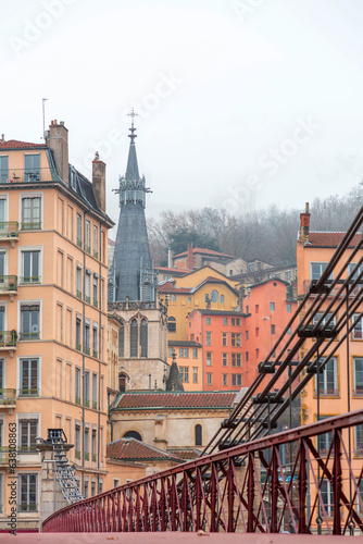 St. George Church and buildings around the River Saone, the old town of Lyon, France