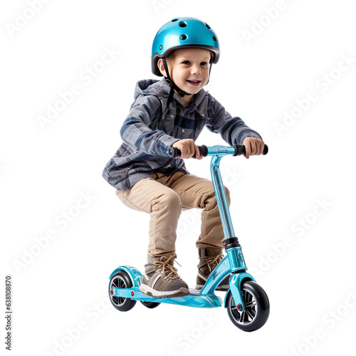 Little preteen boy riding a scooter in a protective helmet on transparent background.