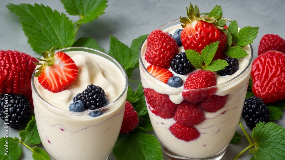 Milk swirl or cream flow with realistic fresh strawberries, blackberries and raspberries, with drops, splashes and green leaves, dairy food or drink Milk swirl or cream flow with realistic fresh strawberries, blackberries and raspberries, with drops, splashes and green leaves, dairy food or drink
