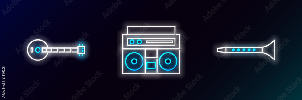 Set line Clarinet, Banjo and Home stereo with two speakers icon. Glowing neon. Vector Set line Clarinet, Banjo and Home stereo with two speakers icon. Glowing neon. Vector