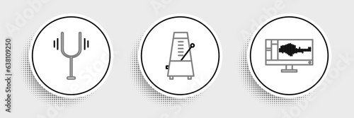 Set line Sound or audio recorder on monitor, Musical tuning fork and Metronome with pendulum motion icon. Vector