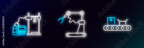Set line Conveyor belt with cardboard box, 3D printer and Industrial machine robotic robot arm hand factory icon. Glowing neon. Vector