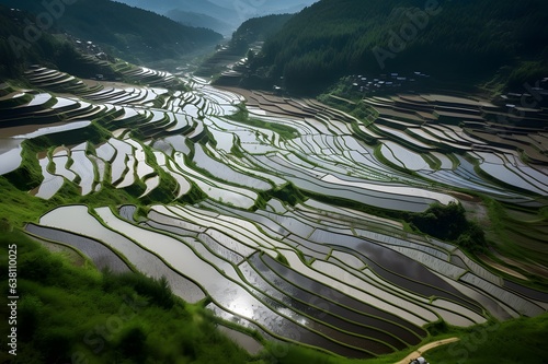 Top view of green rice plantations, fields. © Olga