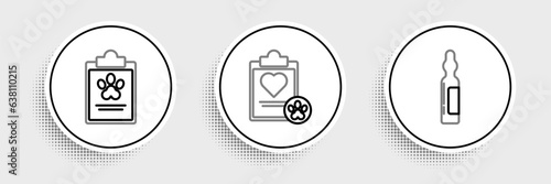 Set line Pets vial medical, Clipboard with clinical record pet and icon. Vector