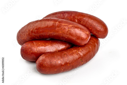 Smoked german pork sausages, isolated on white background.