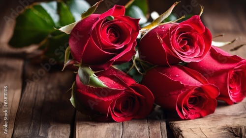 Red rose flowers bouquet on wooden background