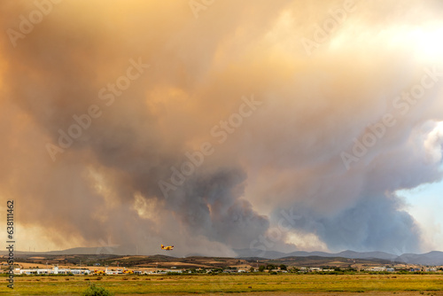 Devastating wildfire in Alexandroupolis Evros Greece, ecological and environmental disaster, smoke covered the sky photo