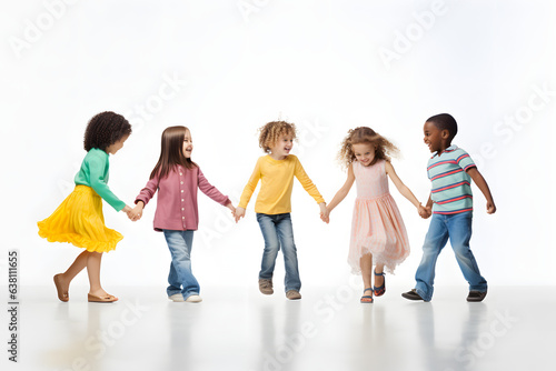 Group of kids holding hands and dancing in a circle.  photo