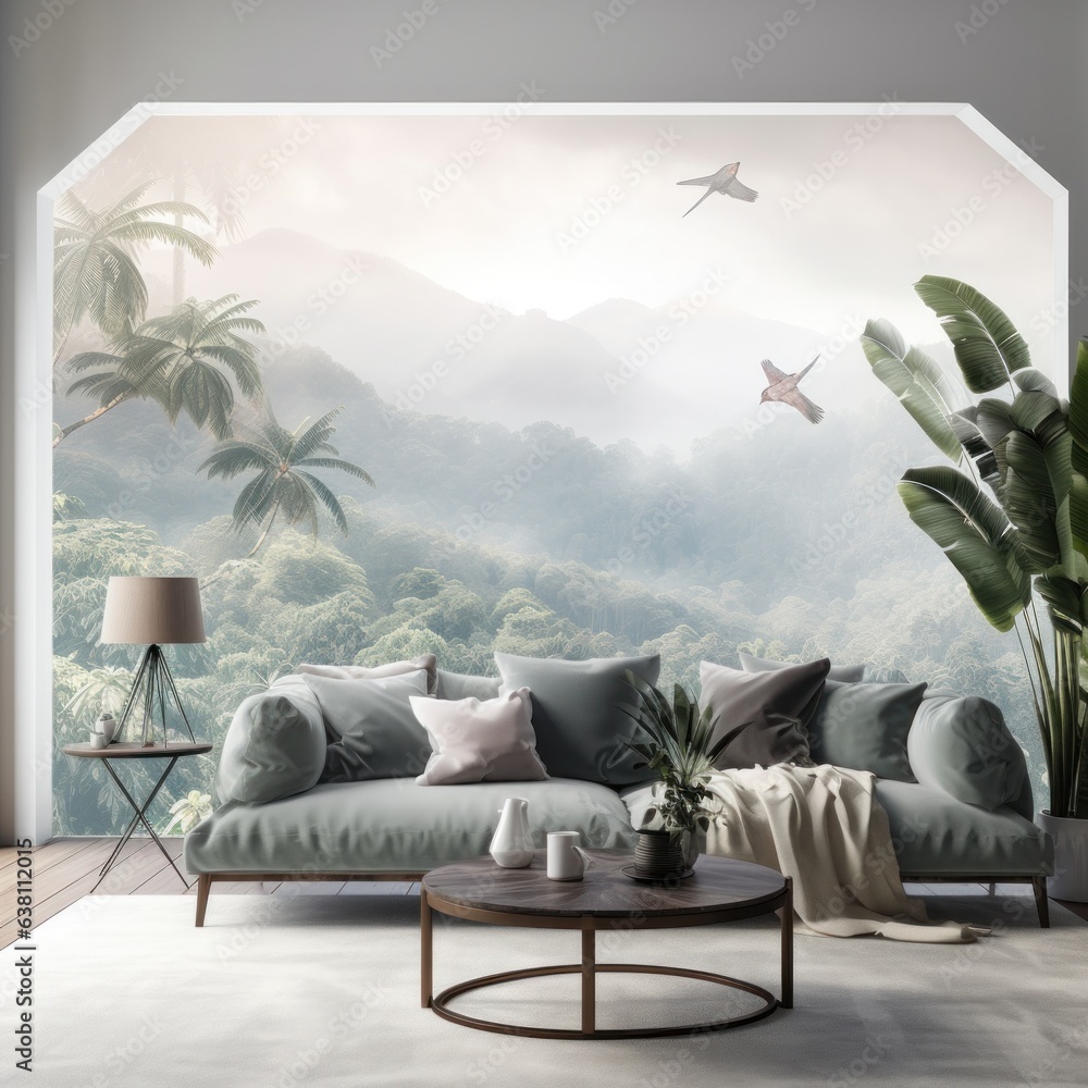 Fototapeta premium A cozy living room with a loveseat sofa, a wall adorned with a mountain painting, and a lush potted plant adding a tranquil touch to the space, illuminated by the natural light streaming through the 