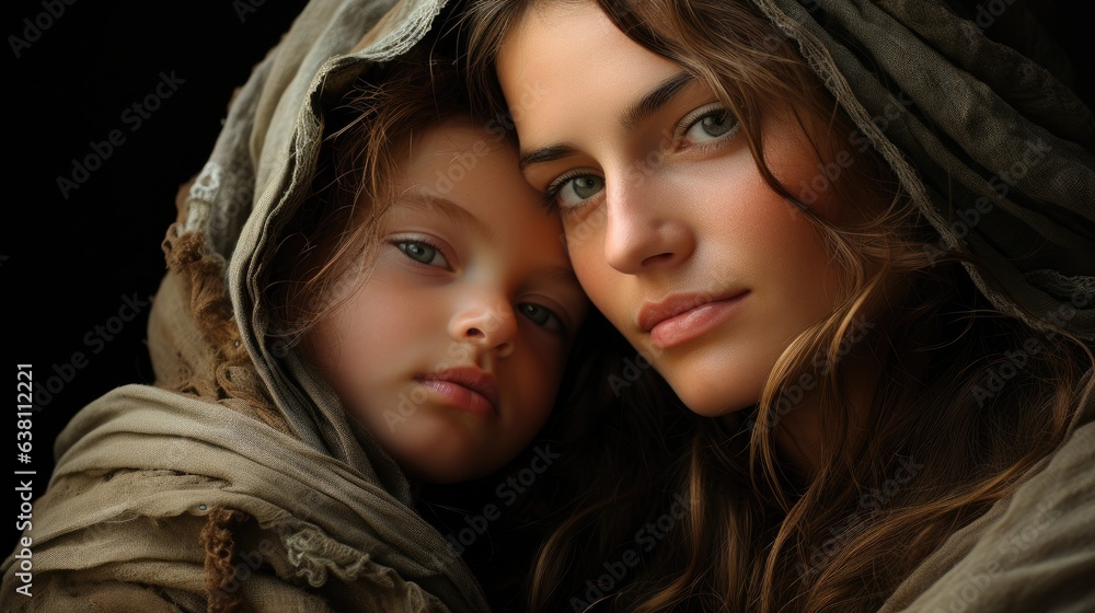 Fototapeta premium A mother gently resting her child's head on her cheek.