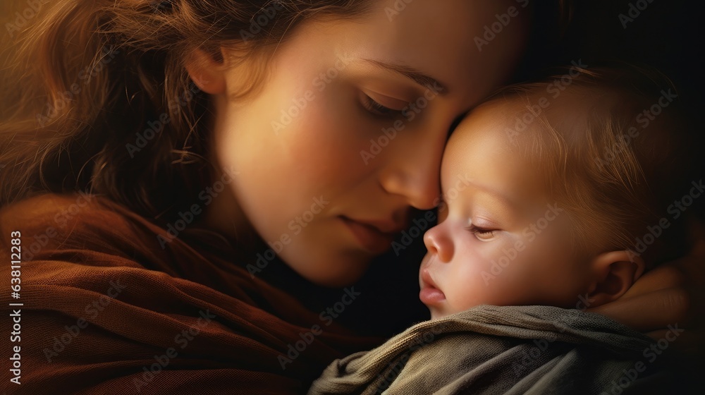 A mother gently resting her child's head on her cheek. A mother gently resting her child's head on her cheek.