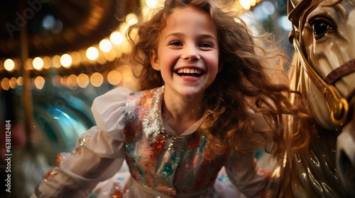 The joy of a young girl riding a moving merry-go-round. © OKAN