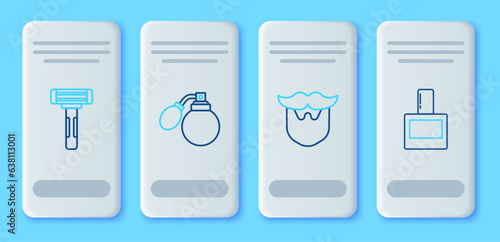 Set line Aftershave bottle with atomizer, Mustache and beard, Shaving razor and icon. Vector