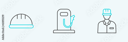 Set line Oilman, Worker safety helmet and Petrol gas station icon. Vector
