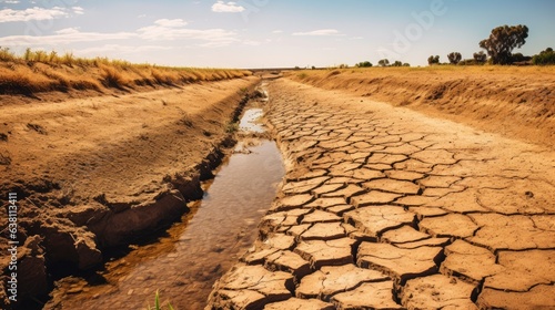 Agricultural canal that has become arid and barren due to prolonged drought and heat waves.