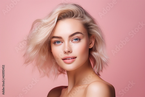 Generative IA picture of young girl natural beauty spa salon concept over pink pastel color background