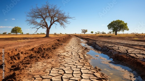 Agricultural canal that has become arid and barren due to prolonged drought and heat waves.