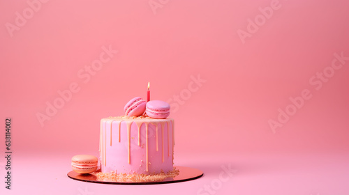 a single pink birthday cake  with candle and macaroon pastel pink background
