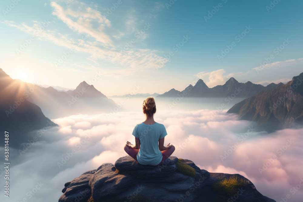 Woman meditating while doing yoga. She overlooks the beautiful sea of clouds and mountains.