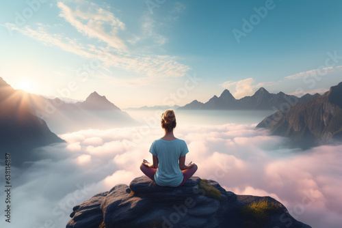 Woman meditating while doing yoga. She overlooks the beautiful sea of clouds and mountains.