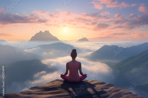 Woman meditating while doing yoga. She overlooks the beautiful sea of clouds and mountains. © omune