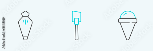 Set line Ice cream in waffle cone, Pastry bag and Spatula icon. Vector photo