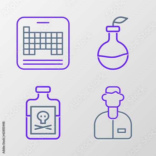 Set line Laboratory assistant, Poison in bottle, Plant breeding and Periodic table icon. Vector