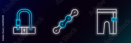 Set line Cycling shorts, Bicycle lock and chain icon. Glowing neon. Vector