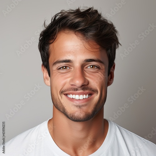 a close up photo of the lower part of a latin male face handsome cute smile with very clean perfect teeth, generative AI