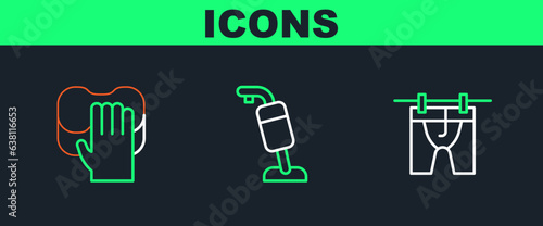 Set line Drying clothes, Cleaning service and Vacuum cleaner icon. Vector