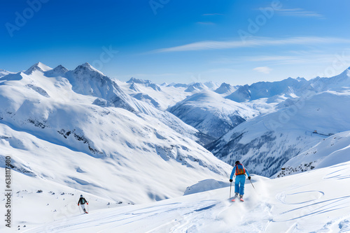 Skiers descending a pristine snow-covered slope with mountains in the backdrop.  photo
