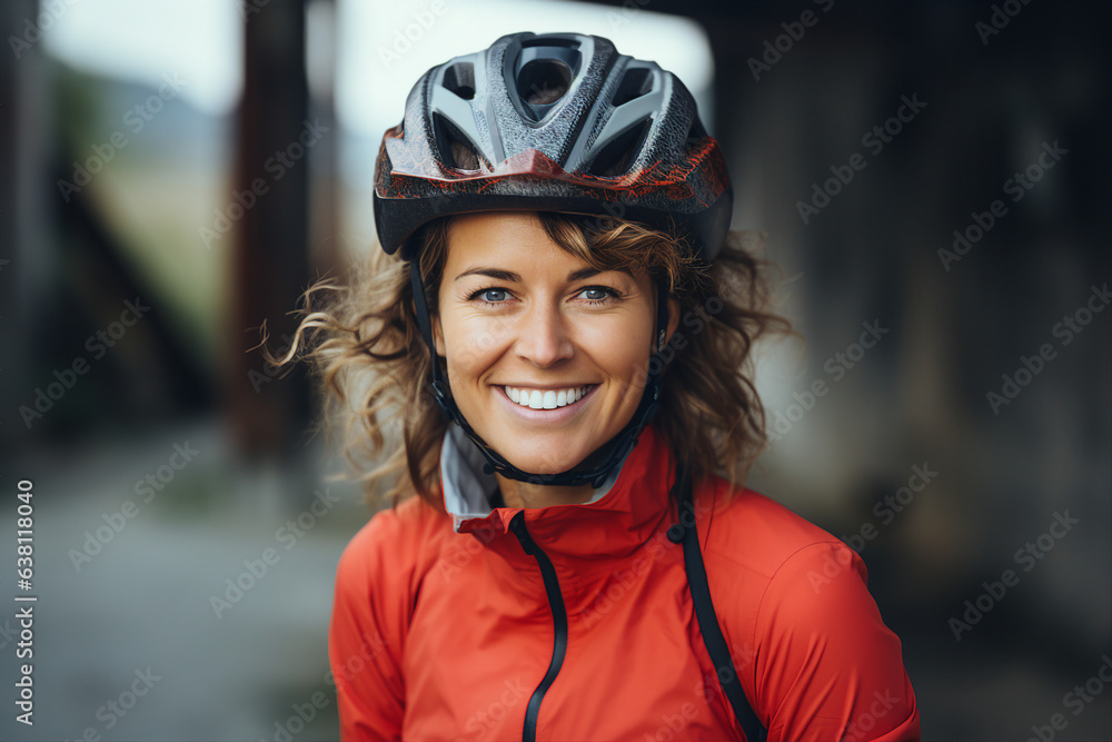 Generative AI picture of happy beautiful lady in protective helmet riding bike exploring new city enjoying nature outdoors Generative AI picture of happy beautiful lady in protective helmet riding bike exploring new city enjoying nature outdoors