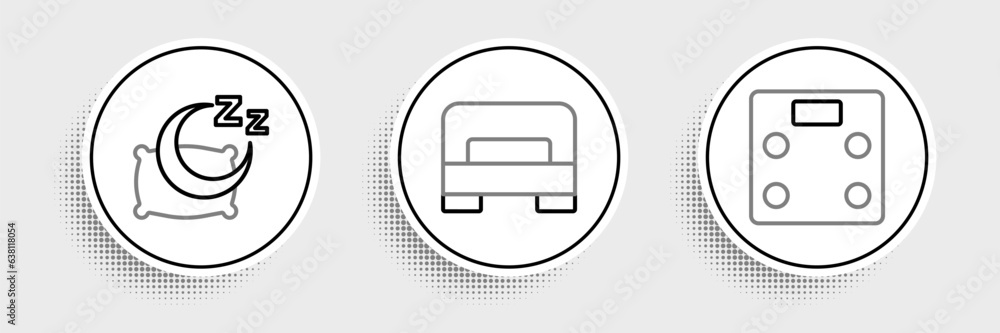 Set line Bathroom scales, Time to sleep and Big bed icon. Vector Set line Bathroom scales, Time to sleep and Big bed icon. Vector