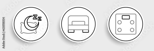 Set line Bathroom scales, Time to sleep and Big bed icon. Vector