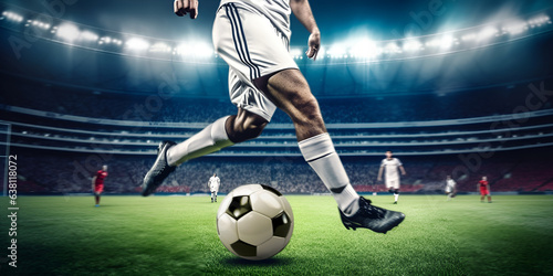Professional soccer players or soccer player in action at the stadium with flashlights hitting the ball for the winning goal, wide angle. The concept of sport, competition, movement, overcoming. © Tanuha