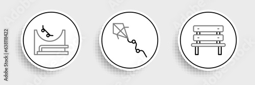 Set line Bench, Skate park and Kite icon. Vector