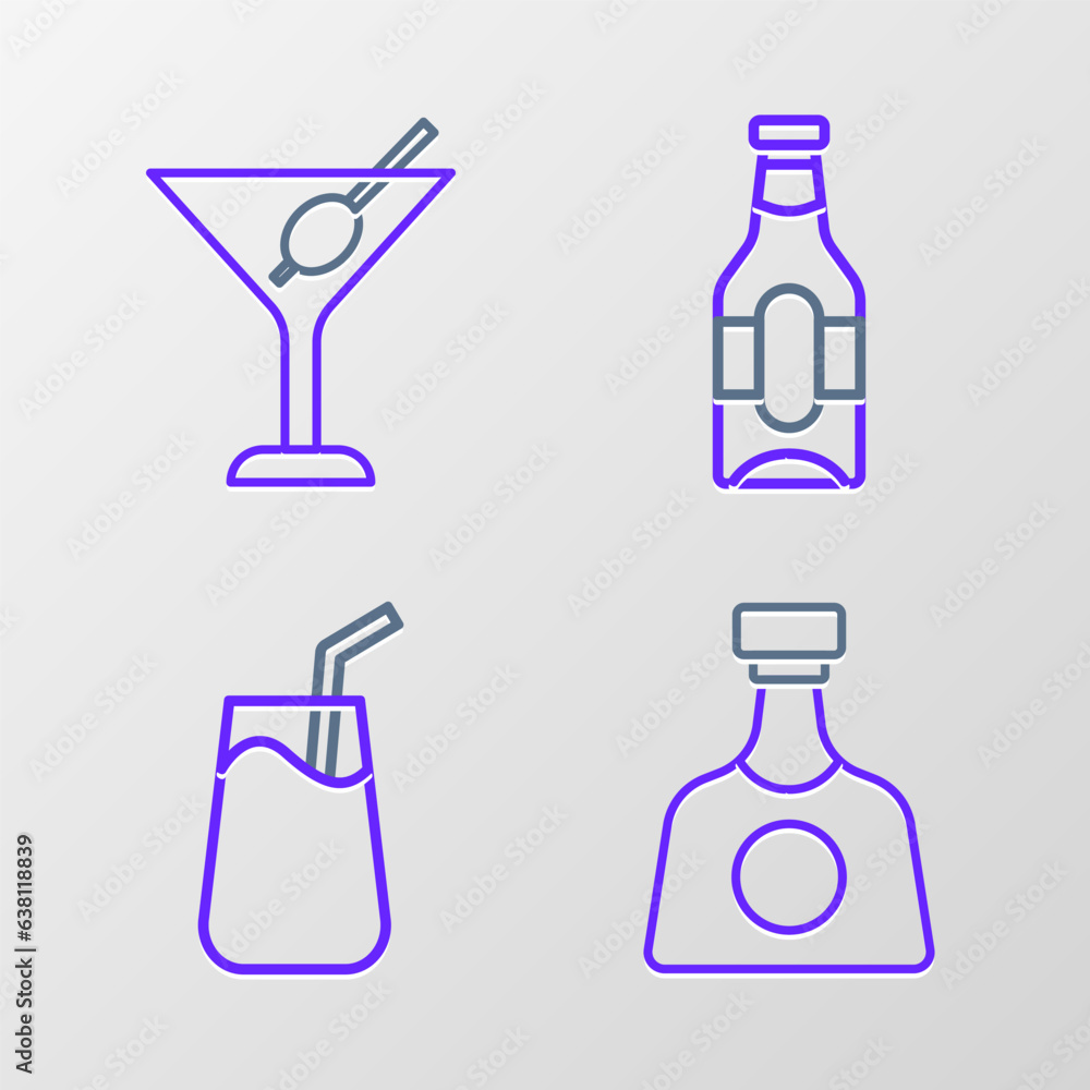 Set line Tequila bottle, Cocktail, Beer and Martini glass icon. Vector Set line Tequila bottle, Cocktail, Beer and Martini glass icon. Vector