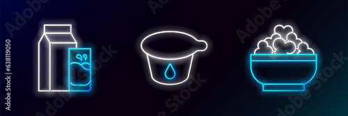 Set line Cottage cheese, Paper package for kefir and Yogurt container icon. Glowing neon. Vector