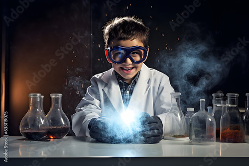 Young boy in a lab coat and goggles conducting a simple science experiment.  photo