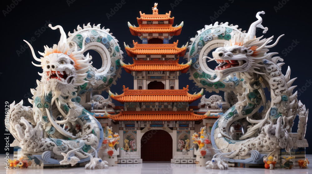 Obraz premium Chinese Temple Adorned with Majestic Dragons