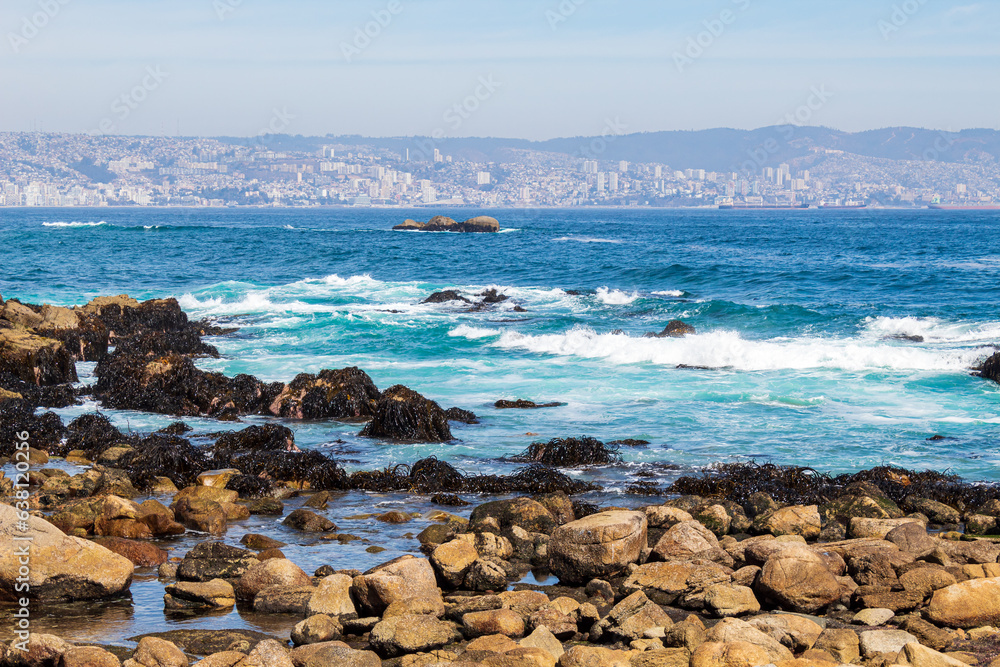 sea and rocks beach Cochoa,  Reñaca Vina del Mar beach, Valparaiso, Chile