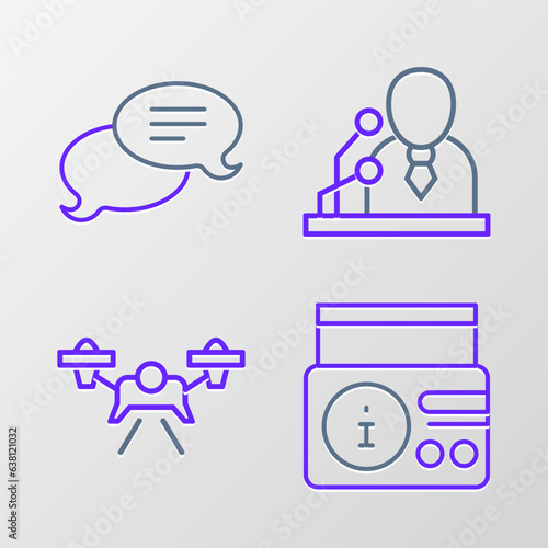 Set line News on radio channel, Drone, Breaking news and Speech bubble chat icon. Vector