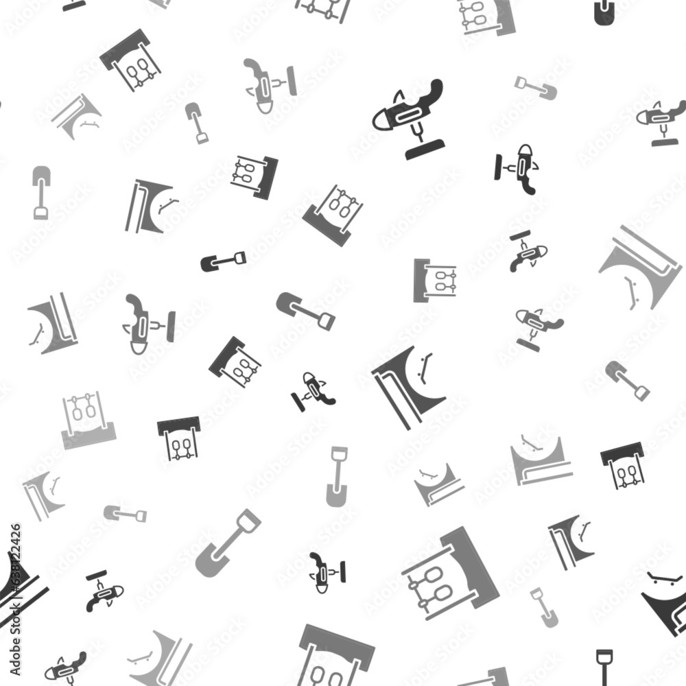 Set Swing plane, Gymnastic rings, Skate park and Shovel toy on seamless pattern. Vector Set Swing plane, Gymnastic rings, Skate park and Shovel toy on seamless pattern. Vector