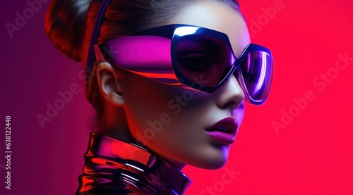 A fashionable woman confidently wears a pair of stylish sunglasses, her lips painted a bright pink to match the vivid background behind her photo