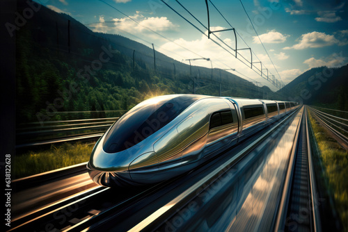 An awe-inspiring image of a superfasr magnetic levitation city train, illustrating the future of efficient, high-speed rail travel